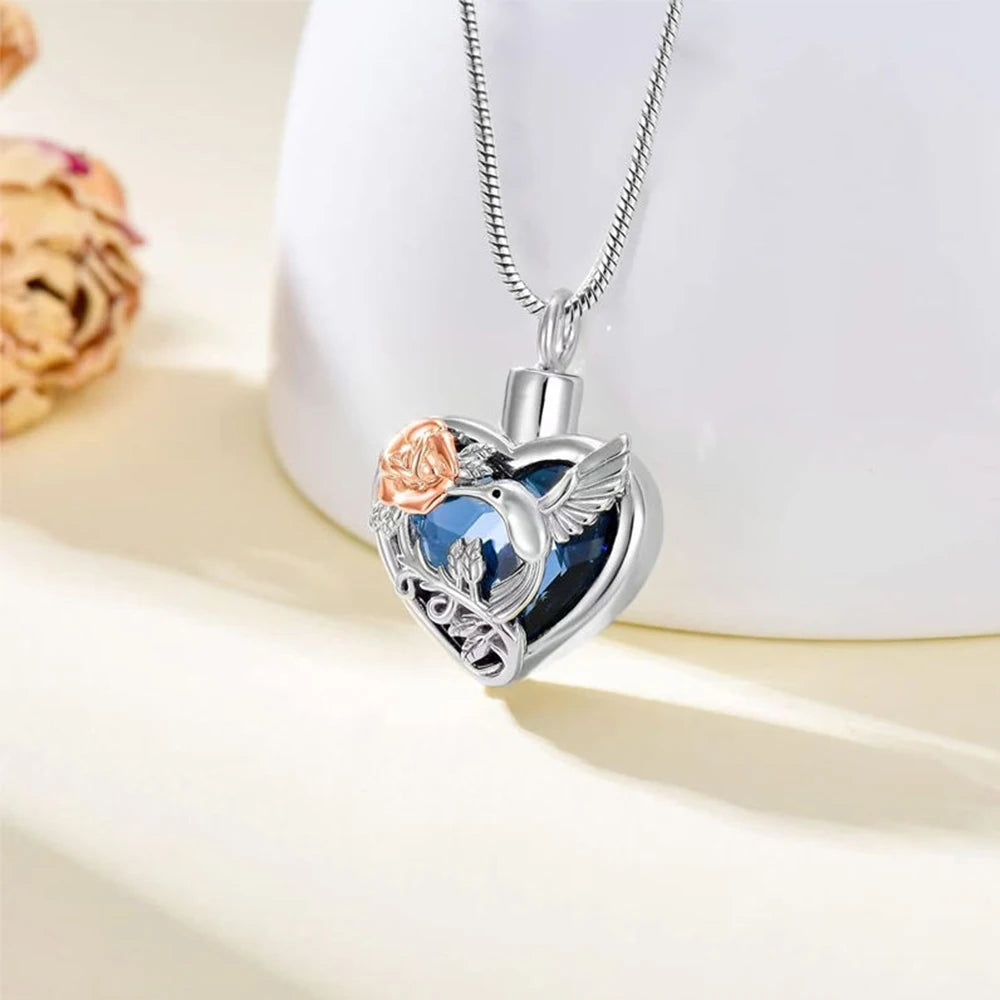 Hummingbird Heart Urn Locket Necklace for Ashes and Urn Locket Cremation Necklace for Ashes Memorial Keepsake Jewelry