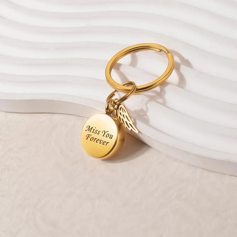 Round Urn Pendant Keychain with Angel Wing for Ashes Stainless Steel Cremation Memorial Jewelry Custom Name Paw Text