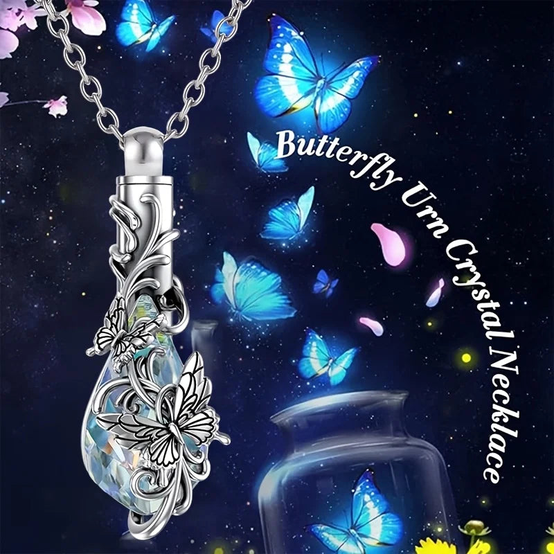 Butterfly Teardrop Crystal Cremation keepsake Necklace