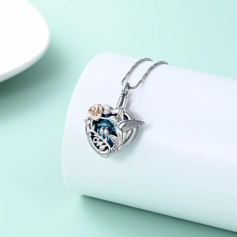 Hummingbird Heart Urn Locket Necklace for Ashes and Urn Locket Cremation Necklace for Ashes Memorial Keepsake Jewelry