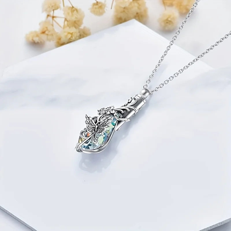 Butterfly Teardrop Crystal Cremation keepsake Necklace