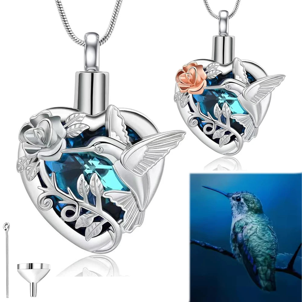 Hummingbird Heart Urn Locket Necklace for Ashes and Urn Locket Cremation Necklace for Ashes Memorial Keepsake Jewelry