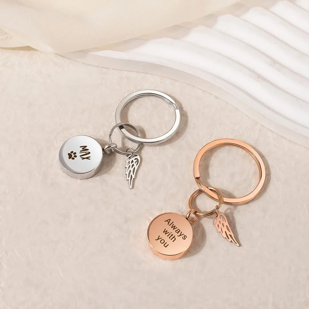 Round Urn Pendant Keychain with Angel Wing for Ashes Stainless Steel Cremation Memorial Jewelry Custom Name Paw Text